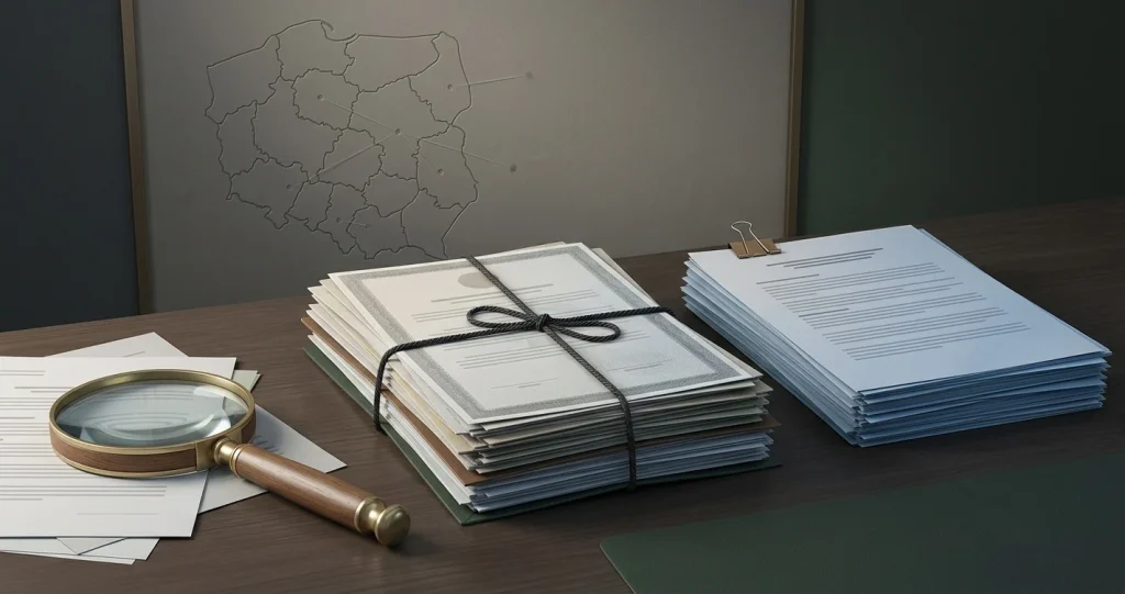 Neutralna ilustracja dokumentów regulacyjnych i mapy Polski bez logo kasyna ani regulatora